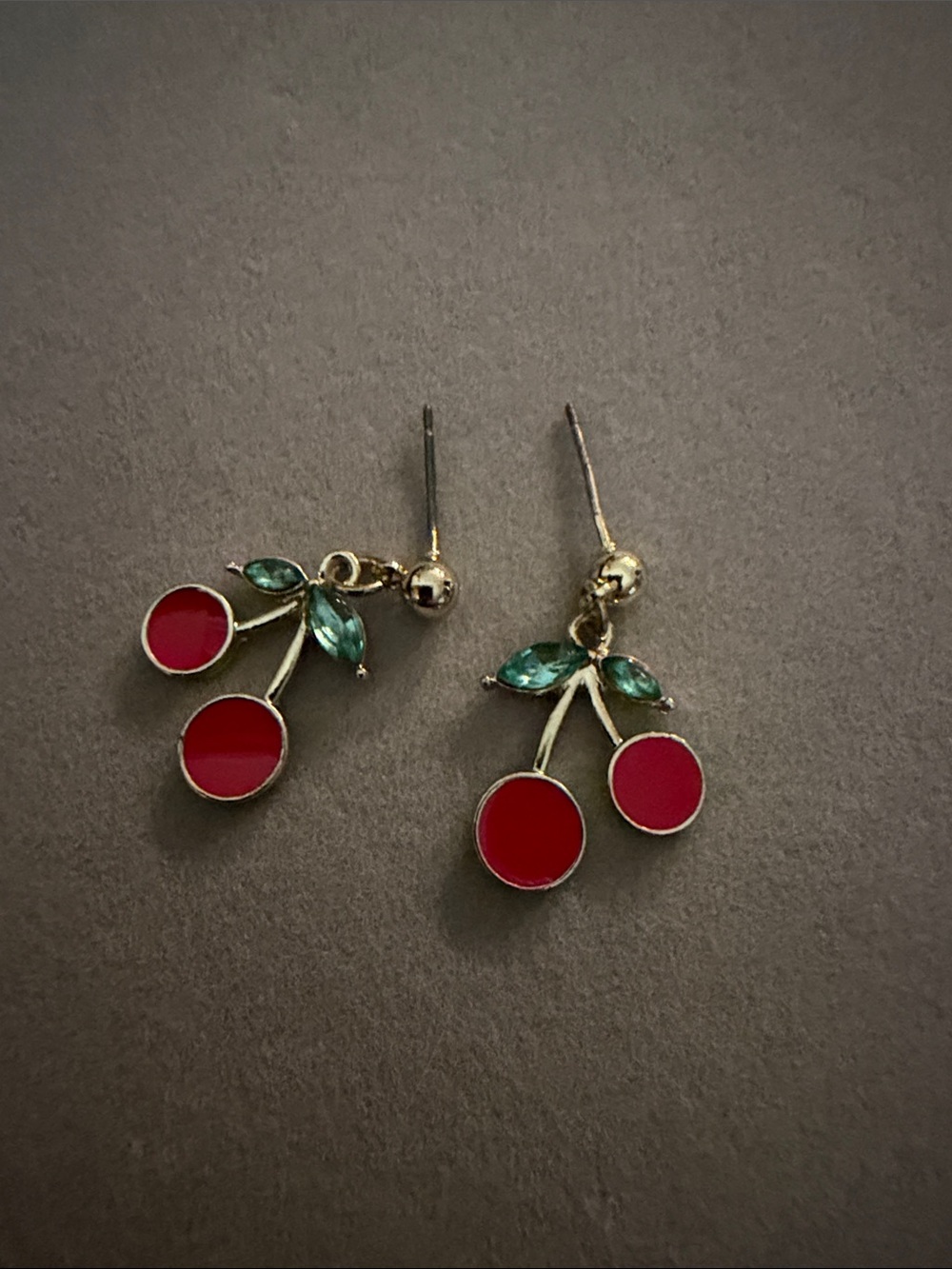 Gold Cherry Drop Earrings with Red Enamel and Green Accents